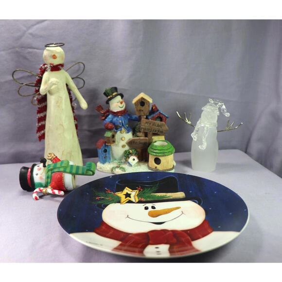 Snowman Christmas Decor Lot Vintage Wood Figurine Plate Candle Holder Ornament - Picture 1 of 9
